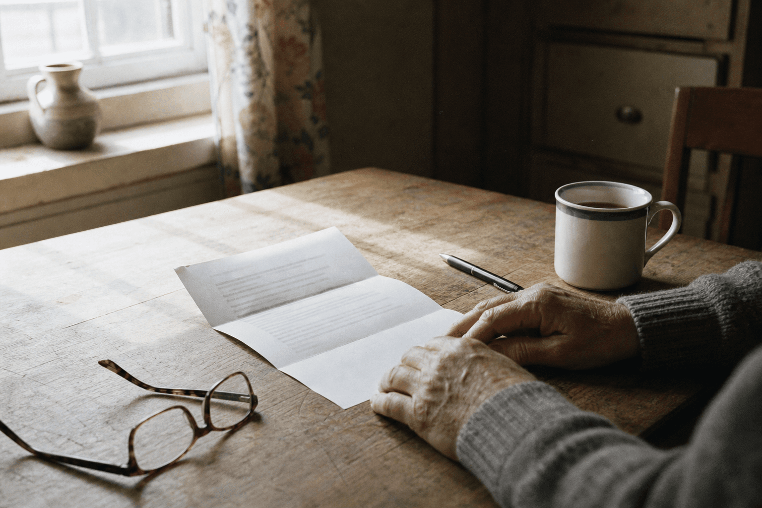 An opened paper letter, reading glasses and a mug of tea on a wooden kitchen table.