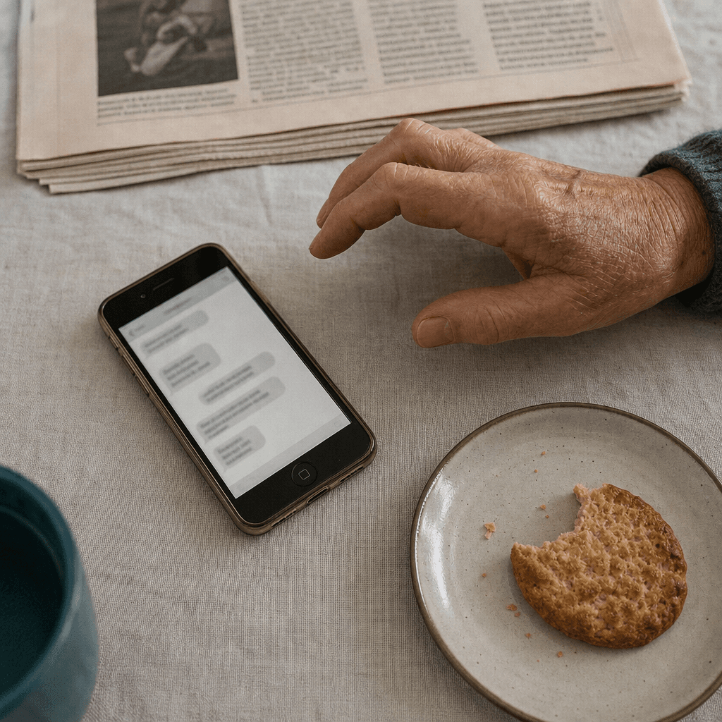 A phone lying face up on a linen tablecloth beside a folded newspaper, with a hand hesitating above it.